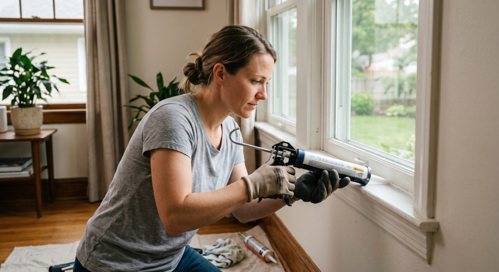 A woman wearing gloves is kneeling and carefully applying caulk around a white window frame in a home. In the background are a potted plant and a view of a green garden.
