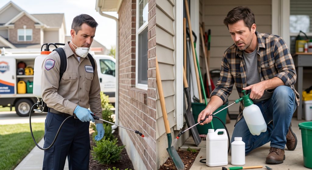 A split-screen photograph comparing professional pest control on the left with a homeowner's DIY approach on the right. The left panel shows a uniformed technician with a respirator mask, gloves, and a backpack sprayer precisely applying pesticide along a house foundation. The right panel shows a man in a plaid shirt crouching with a small hand pump sprayer and jugs, looking confused, surrounded by gardening tools. The image illustrates the difference in equipment, approach, and scale.